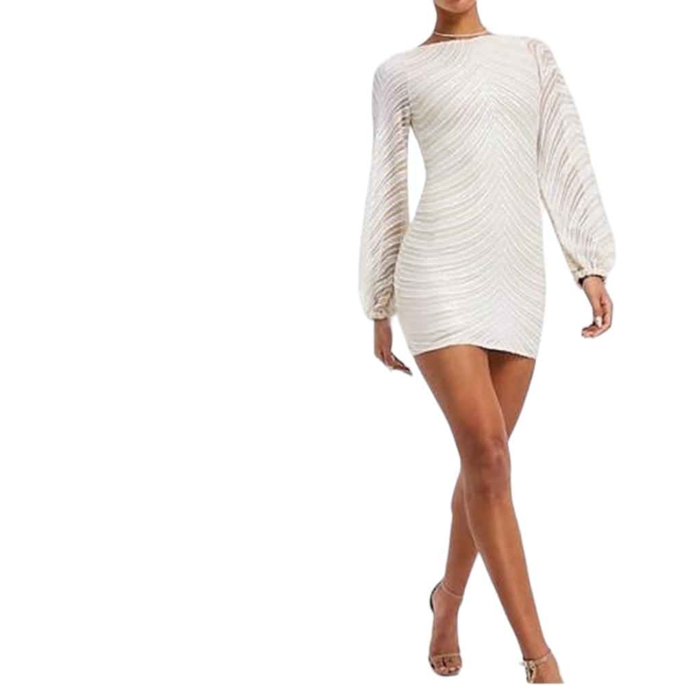 Club London Chevron Sequin Cocktail/Party Mini Dress Ivory‎ Size US 2  XS NWT